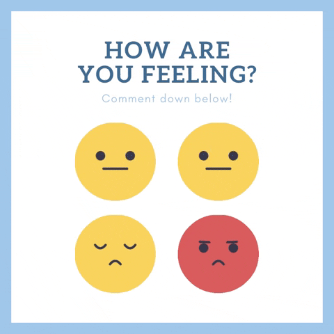 Text gif. Text reads, "How are you feeling? Comment down below!" with four different emojis acting our their reactions. One is happy, sticking their tongue other, two is indifferent with a flat face, three is downcast with a tear, and fourth is red and angry.