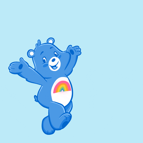 Cartoon gif. Blue Care Bear smiles and waves its arms in the air as the rainbow on its belly emerges and expands into the air against a light blue background. The rainbow reads, “Vote about it!”