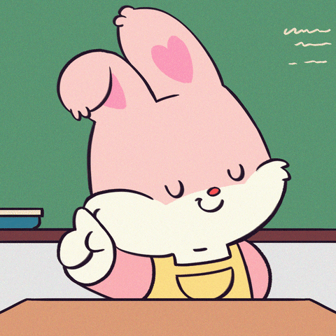 Kawaii gif. A pink bunny with hearts in her ears has her eyes closed and a smug smirk on her face. She wags her finger in front of her.