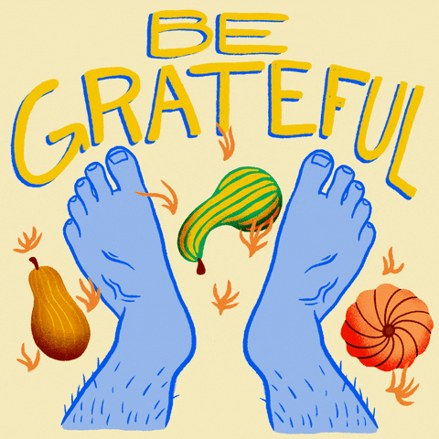 lustrated gif. Pair of blue feet in the grass with gourds and pumpkins scattered around them. Text, “You are on Native Land. Be Grateful.”