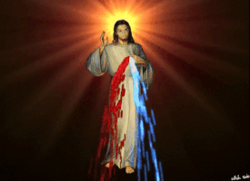 Photo gif. A Picture of Jesus Christ with one hand up and another on his chest. Golden rays glisten behind his head. Red and blue liquid pour out from his chest.