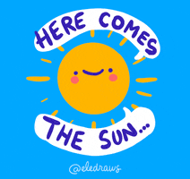 Digital art gif. A smiling sun is shining bright in the middle of text that surrounds it and it reads, "Here comes the sun."