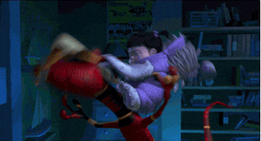 Disney gif. Boo in Monsters, Inc. jumps on a monster, hitting him with a baseball bat. Every time she hits him, he changes colors.